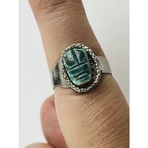 Scarab Silver Ring Egyptian Revival Estate Jewelry Blue Adjustable Bead Ethnic